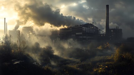 Fototapeta premium Dark clouds swirl above industrial smokestacks at dusk creating an ominous atmosphere