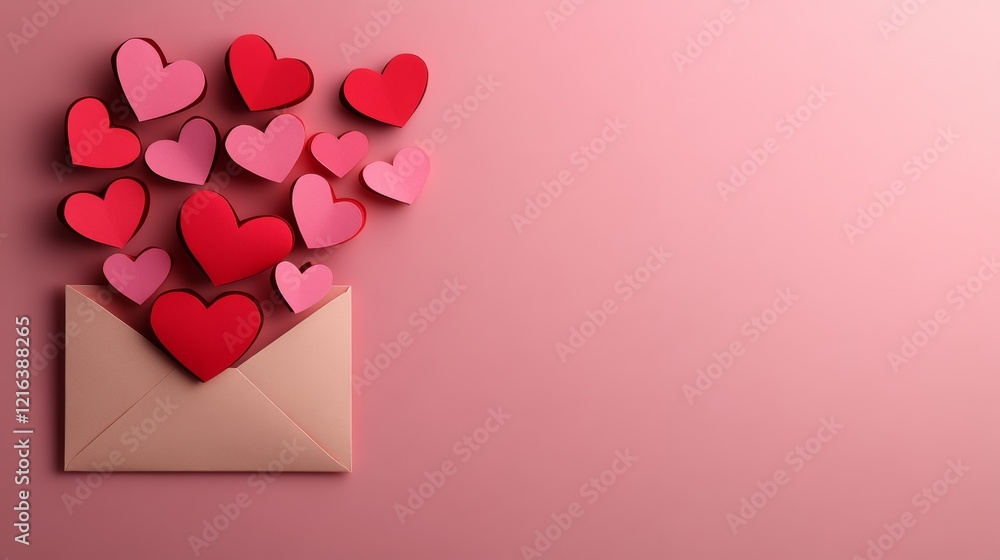 Poster pink background with a bunch of red hearts in an envelope. the envelope is pink and the hearts are a