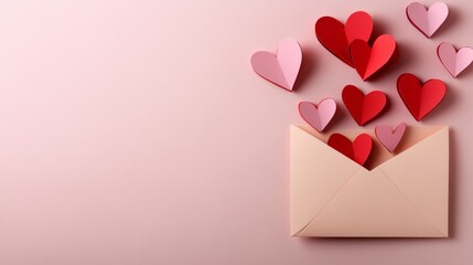 Pink envelope with hearts on it. The envelope is open and the hearts are scattered around it