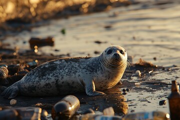 Naklejka premium Seal Resting on Polluted Shoreline at Golden Hour