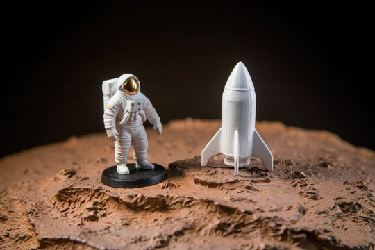 Astronaut figurine stands near a miniature rocket on a simulated Martian surface.