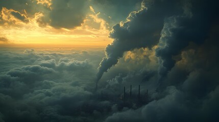 Obraz premium Dark clouds swirl above industrial smokestacks at dusk creating an ominous atmosphere