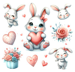 Fototapeta premium Cute bunnies holding hearts and flowers in a cheerful illustration perfect for spring and Valentine's Day celebrations
