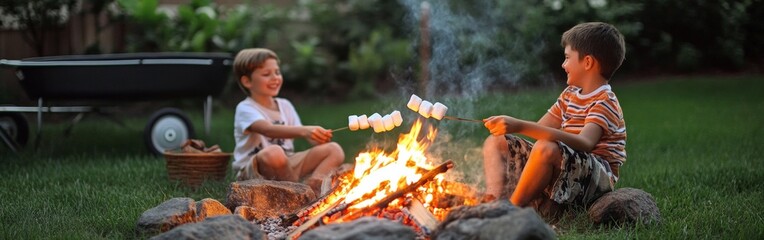 Two children are gathered around a campfire, roasting marshmallows on sticks while enjoying a fun summer evening. A barbecue is nearby, adding to the outdoor experience