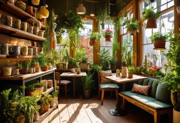 Fototapeta premium charming interior showcasing lush green plants collection unique mugs cozy atmosphere, greenery, decor, furniture, tables, chairs, lighting, ceramics