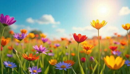 Naklejka premium Vibrant Meadow Scene: Colorful Flowers, Buds, Clouds, and Sunlit Sky