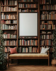Serene Library Interior with Bookshelves and a Cozy Bench: A Relaxing Reading Nook Design