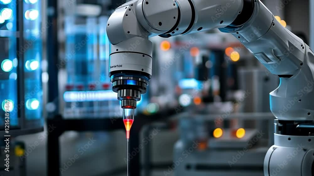 Poster robotic arm assembling precision components in a modern factory setting during the day