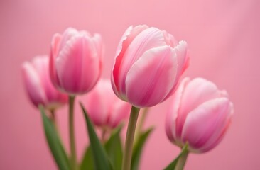 Fototapeta premium Beautiful delicate pink tulip flowers on a pink background. Space for text or advertising