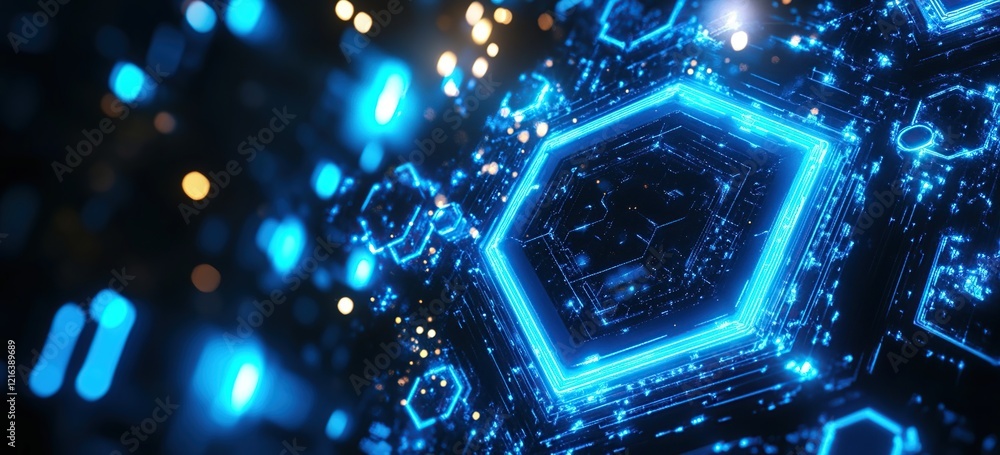 Poster abstract blue hexagon glowing circuitry: futuristic technology design with vibrant neon lines and di