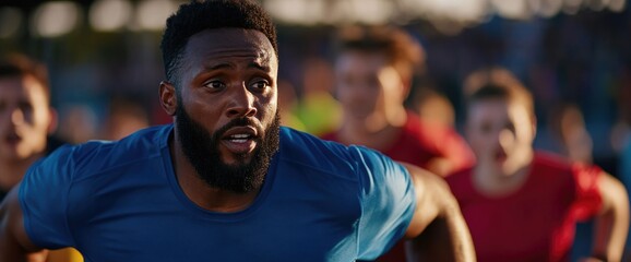 Focused runner at starting line, race competition, outdoor track, sunset