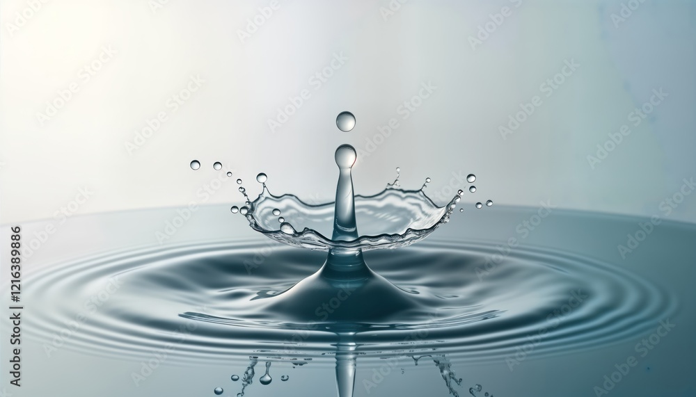 Poster clear water drop creates splash. water drop impact shows ripples. liquid form creates beautiful abst