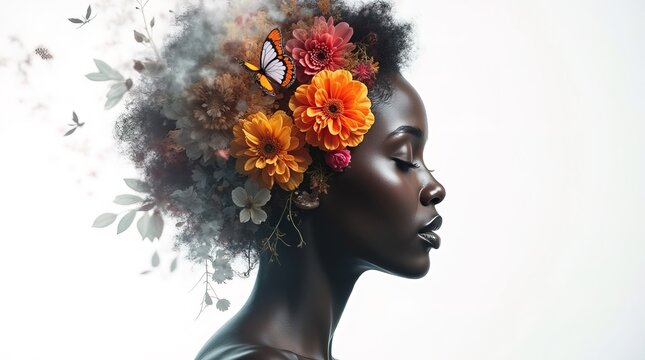 Portrait of beautiful African woman combined with multi colored flowers, side profile face view on white copy space background. Double multiple exposure. Women's Day, Mother's Day, Beauty concept