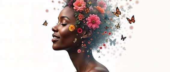 Portrait of beautiful African woman combined with multi colored flowers, side profile face view on white copy space background. Double multiple exposure. Women's Day, Mother's Day, Beauty concept
