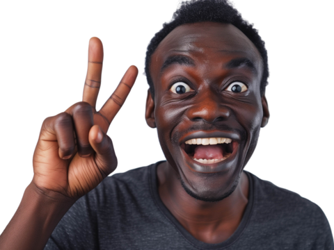 Overjoyed middle-aged man in casual outfit making an expressive peace sign gesture