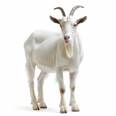 Obraz premium White goat with horns is standing and looking forward on a white background
