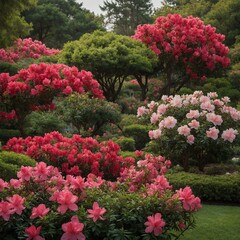 Fototapeta premium A garden with azalea roses in varied shades of pink, red, and white.es.