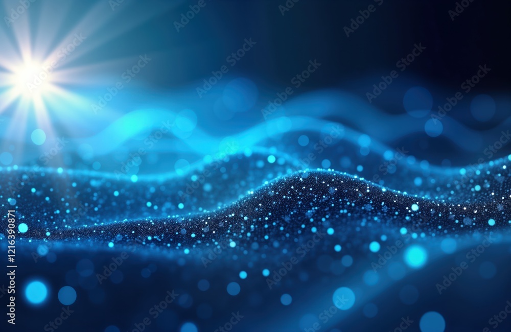 Poster Abstract digital stream of bright blue light data. Flowing, shimmering binary code creates futuristic tech pattern. Dynamic light bursts highlight data stream. Perfect background for tech concepts