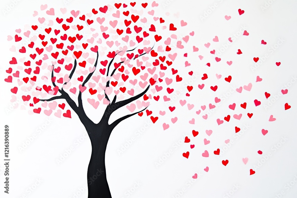Poster tree with pink and red hearts is depicted in the image. the tree is surrounded by a large number of 