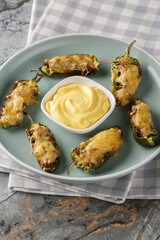 Baked stuffed jalapenos with minced meat and cheese close-up in a plate on the table. Vertical