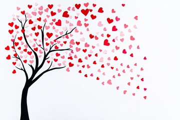 Tree with many hearts is depicted in the image. The tree is surrounded by a large number of hearts, creating a beautiful and romantic scene. The hearts are scattered all around the tree