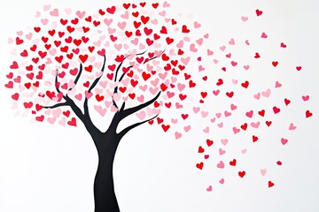 Tree with pink and red hearts is depicted in the image. The tree is surrounded by a large number of pink and red hearts, creating a beautiful and romantic scene