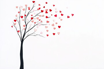 Tree with many hearts on it. The tree is the main focus of the image. The hearts are scattered all over the tree, some are close to the tree trunk, and others are further away