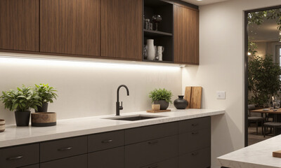A smart under-cabinet lighting system that automatically adjusts brightness based on ambient light conditions. The system can be controlled via voice, app,