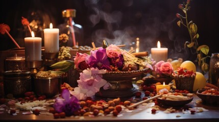 Colorful floral altar with candles and aromatic offerings during a spiritual ceremony in a dimly lit setting