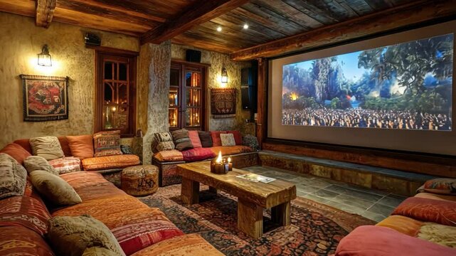 A home theater with a large screen, comfortable seating, and surround sound.