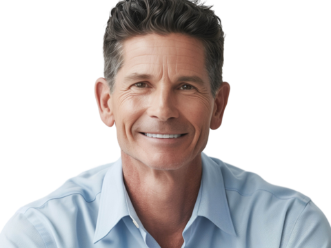 Friendly mature man in a blue shirt smiling warmly, radiating confidence and positivity - Powered by Adobe