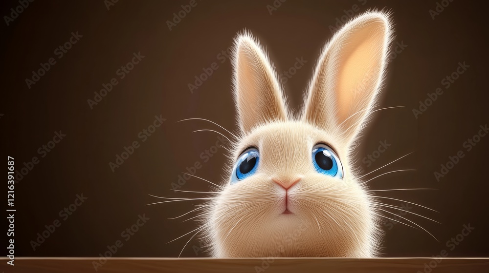 Poster rabbit with blue eyes is looking up at the camera. the rabbit is fuzzy and has a cute expression