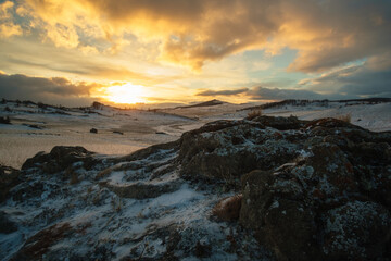 Tazheran steppe, stone cliffs on the road to Baikal. Valley of Spirits. Aerial