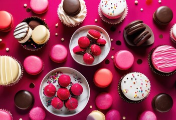 Fototapeta premium colorful flat lay delicious dessert featuring drizzled bright array sweet treats inviting culinary presentation, assortment, bakery, confection, cupcake
