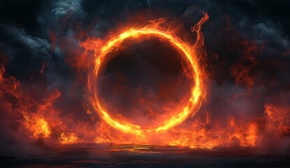 Fiery ring of fire in dark smoky clouds.