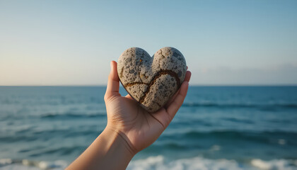 A weathered heart-shaped stone held against a tranquil sunset ocean backdrop.