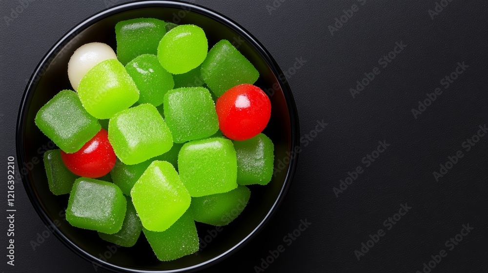 Poster Bowl filled with a variety of green and red candies. The bowl is black and the candies are of different shapes and sizes, creating a colorful and appetizing display
