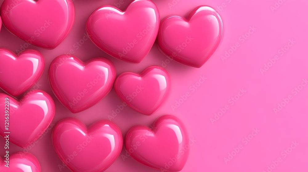 Poster row of pink hearts are arranged in a row on a pink background. the hearts are all the same size and 