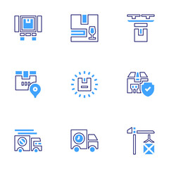 Logistics icon set. Bold line style. Duotone colors. Editable stroke. loaded truck, fragile, package, overload, delivery truck, drone, cargo crane