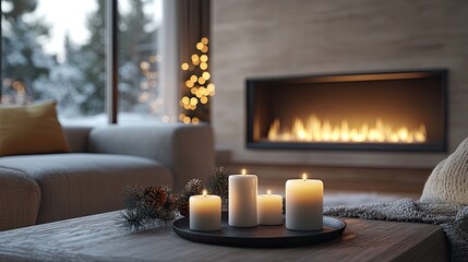 Cozy holiday living room featuring a brick fireplace with a warm fire,