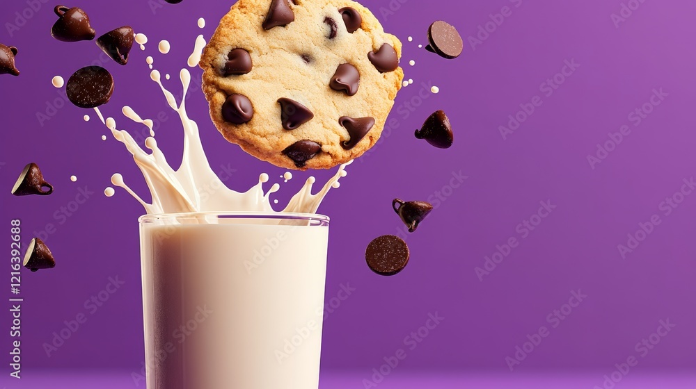 Poster glass of milk with a chocolate chip cookie floating in it. concept of fun and playfulness, as the co