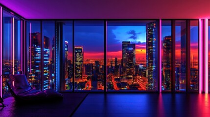 Night Cityscape View from a Modern Penthouse Apartment