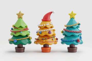 Three colorful 3D Christmas trees adorned with stars, beads, and ornaments.