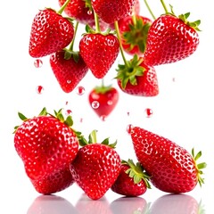 Falling strawberries isolated on transparent or white background, png