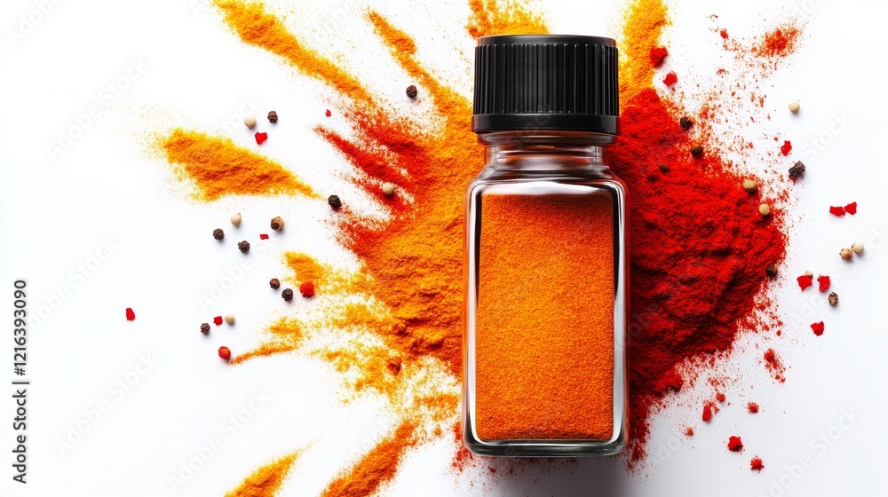 Aufkleber jar of spices is on a table with a lot of spices scattered around it. the spices include red pepper 