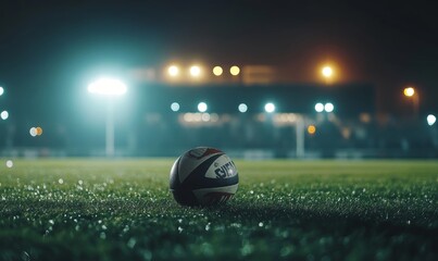 photo of rugby ball on stadium field with blurry stadium tribunes in the background at night time with spotlights and light effects, rugby world cup concept banner, Generative AI