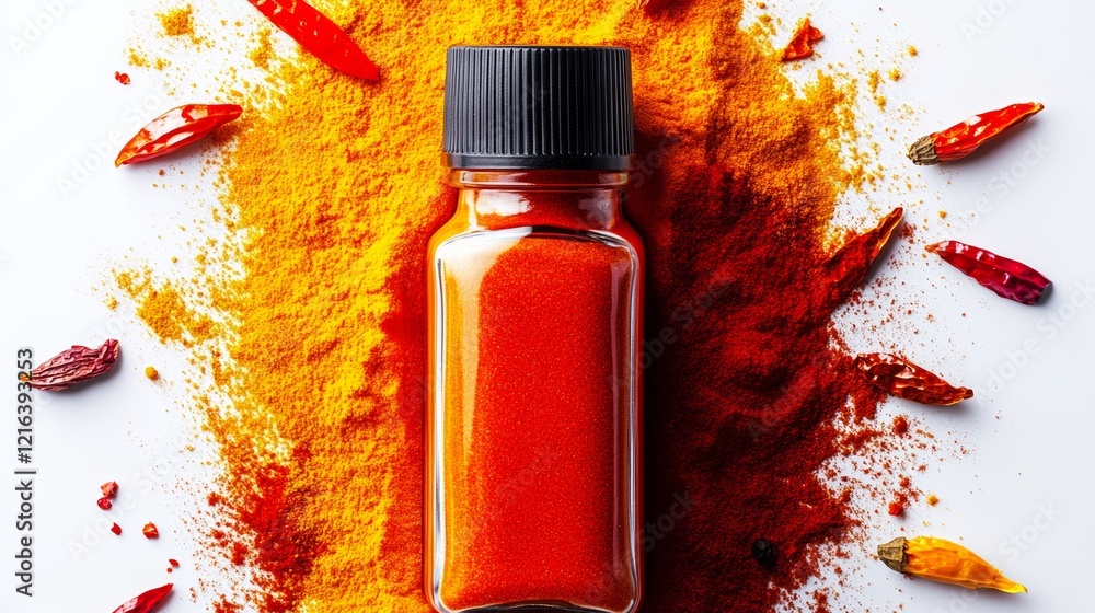 Poster bottle of red pepper flakes sits on a table with a pile of red pepper flakes. the bottle is the only