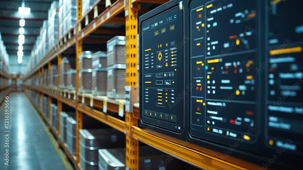 Poster modern warehouse with advanced data monitoring systems in an organized stock area during daylight