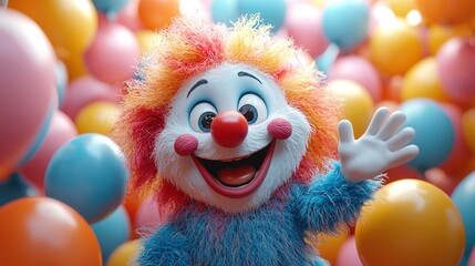 Clothed figure waves in a balloon-filled background.