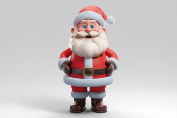 A cheerful 3D rendered cartoon Santa Claus stands with hands on hips against a light gray background.